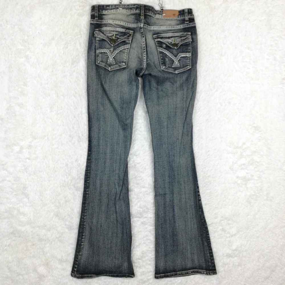 Vigoss Womens Jeans Flare Low Flap Pocket Blue Denim Vintage Wash Distressed 7 - Picture 2 of 10